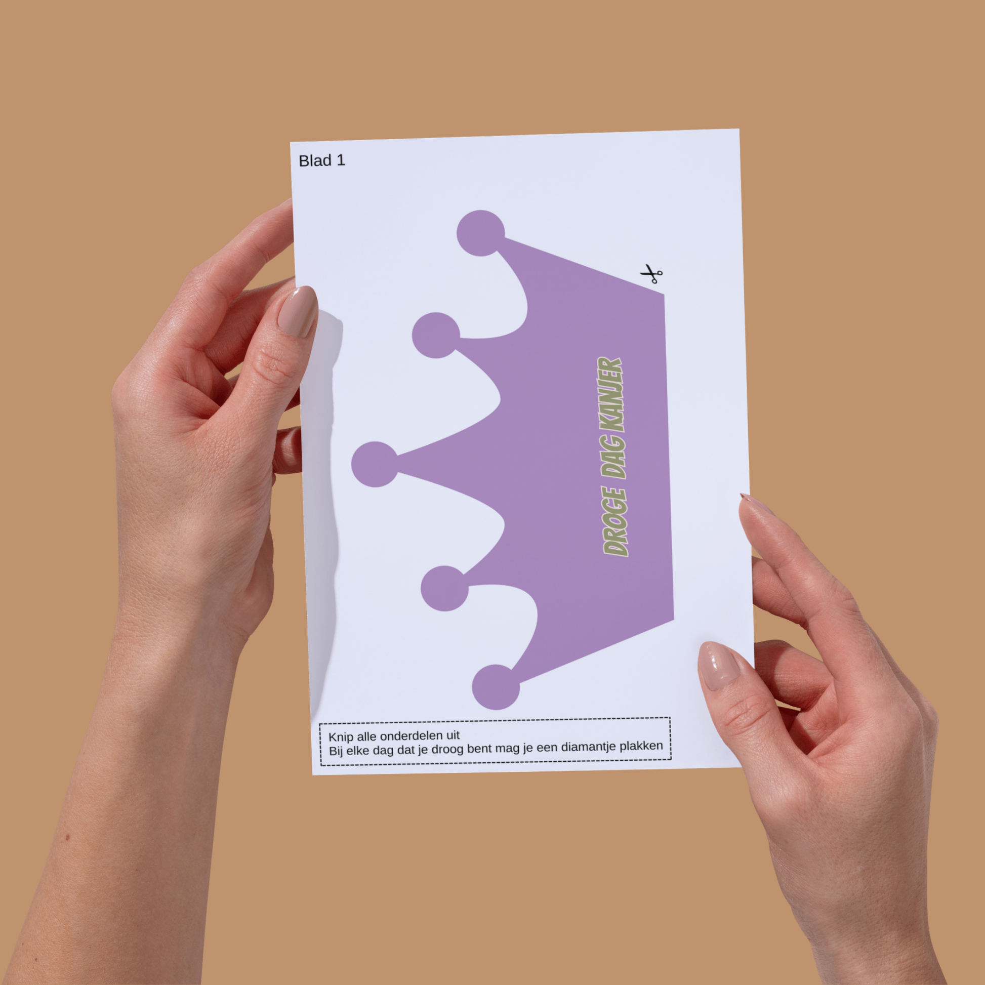 Een Kroon op A4 papier om uit te knippen, inclusief banden en diamanten om te belonen. uitknippen in elkaar zetten en op doen, thema Smiley Paars
