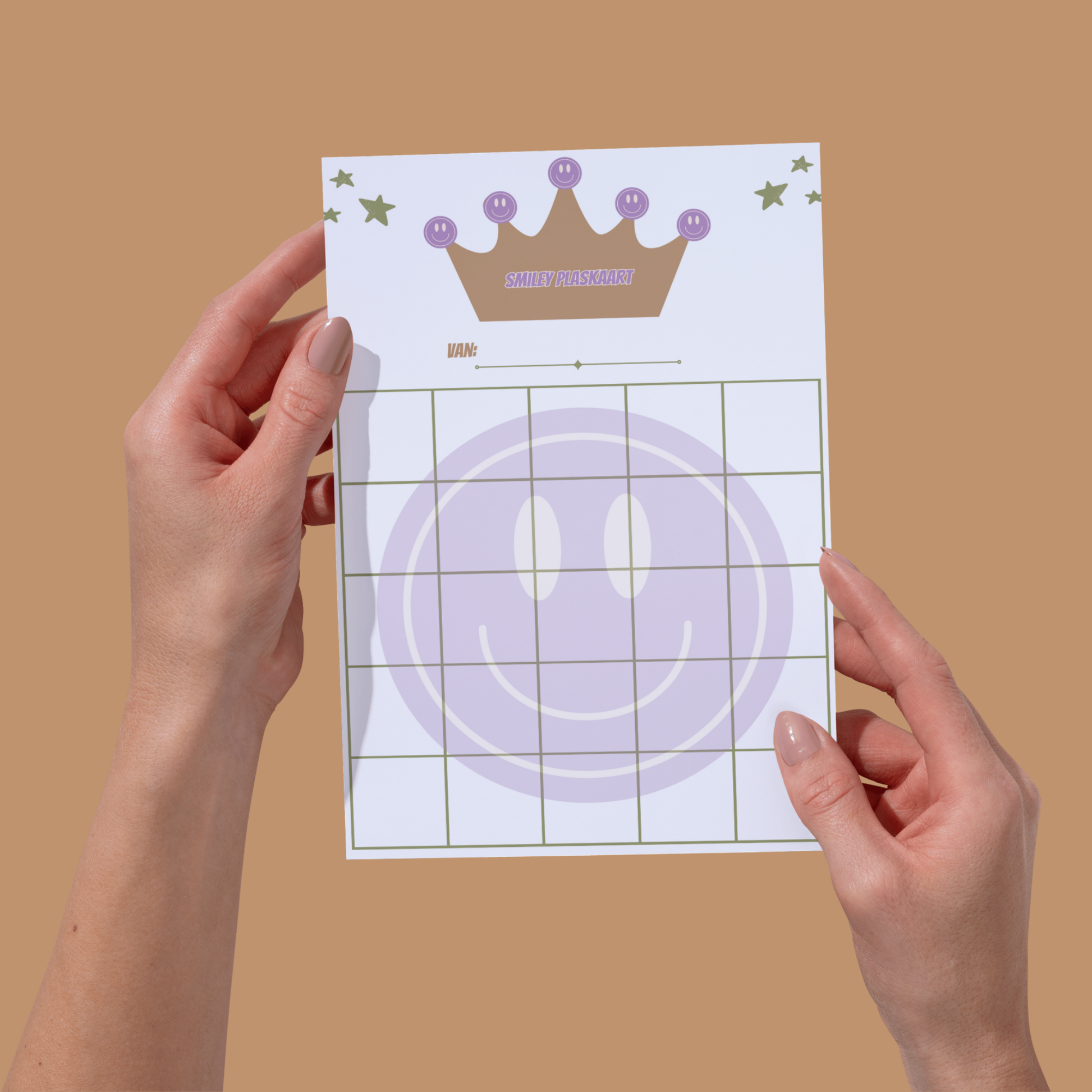 Plaskaart met 25 vakjes om stickers te plakken. Als thema Smiley.