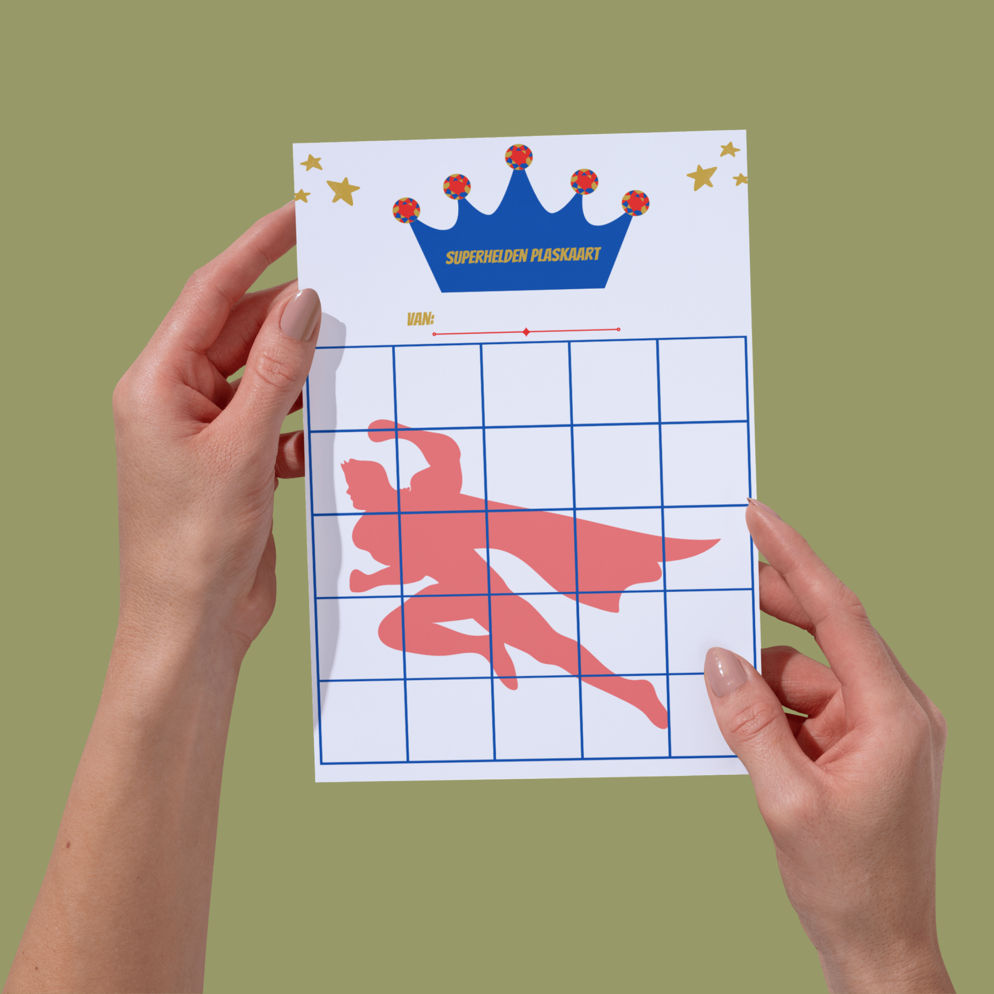 Plaskaart met 25 vakjes om stickers te plakken. Bovenaan een blauwe kroon met een rode superheld op de achtergrond