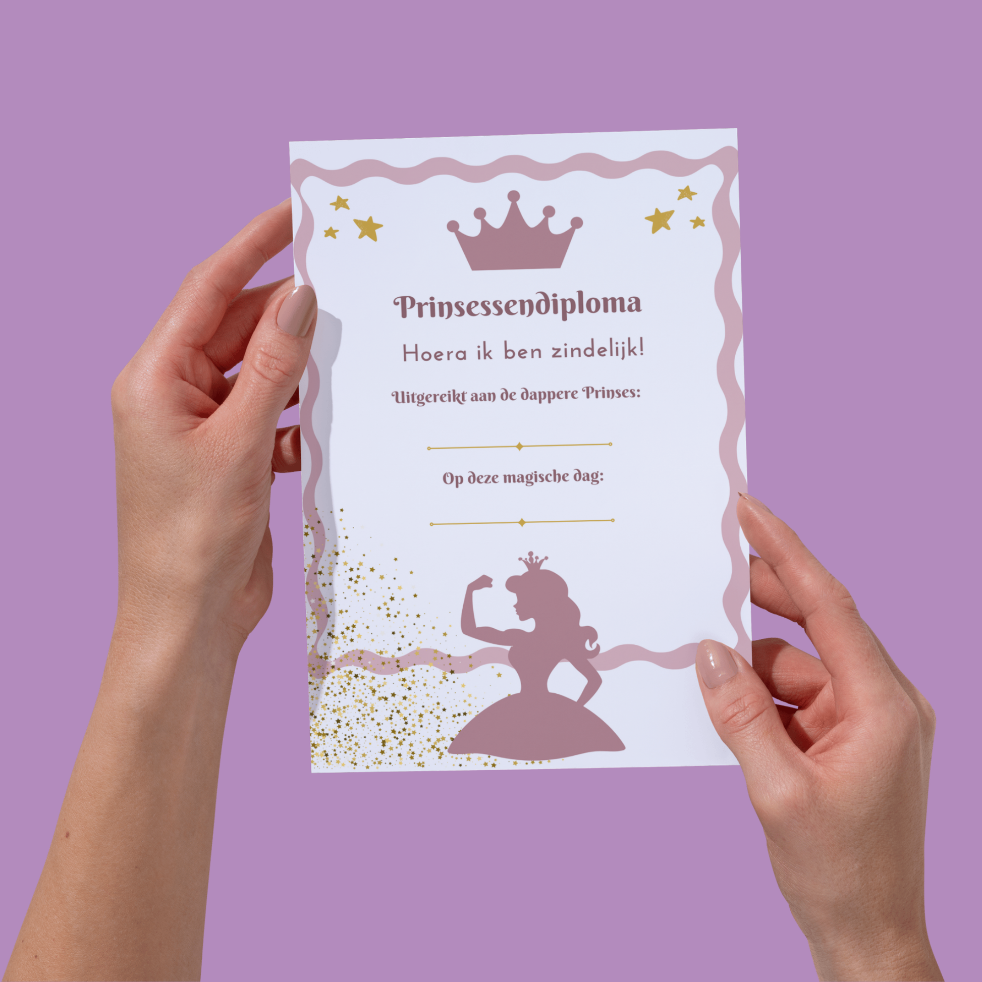 Diploma voor een Prinses die zindelijk is geworden, tekst met lijntjes om naam en datum op te schrijven. incl een afbeelding van een prinses en confetti