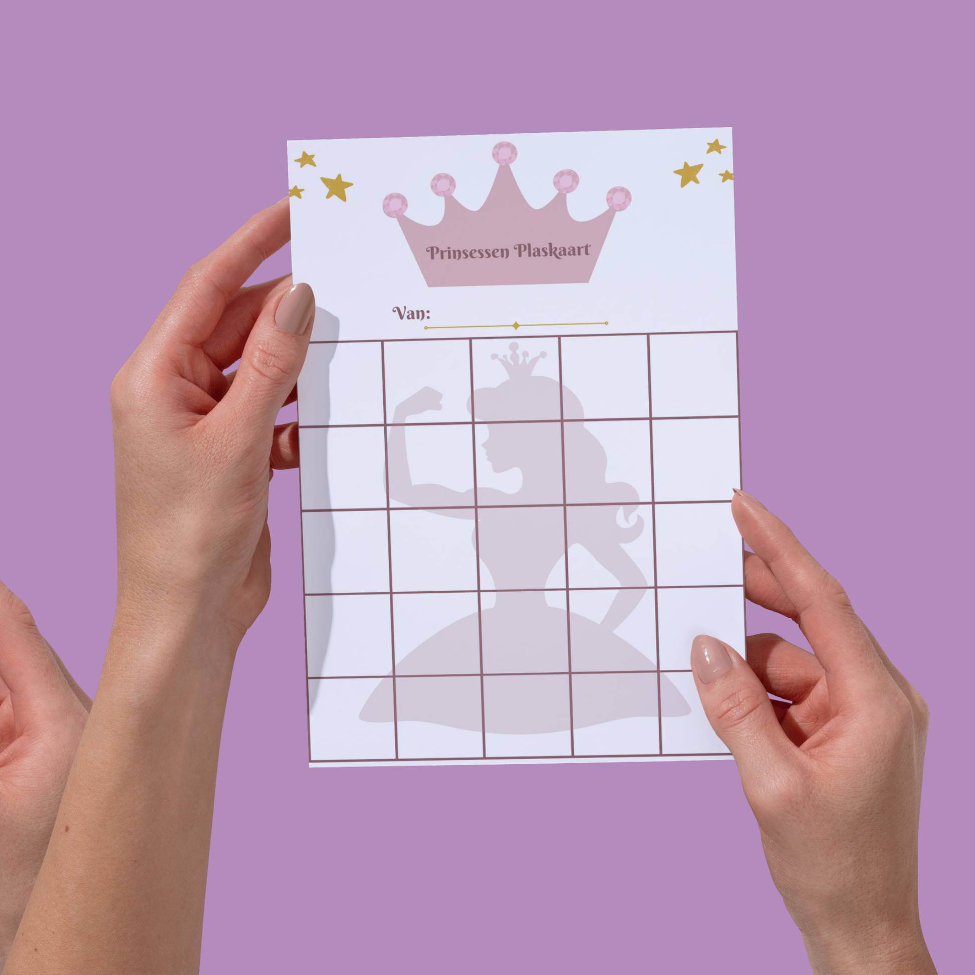 Plaskaart met 25 vakjes om stickers op te plakken, thema Prinses met kroon en prinses als afbeelding