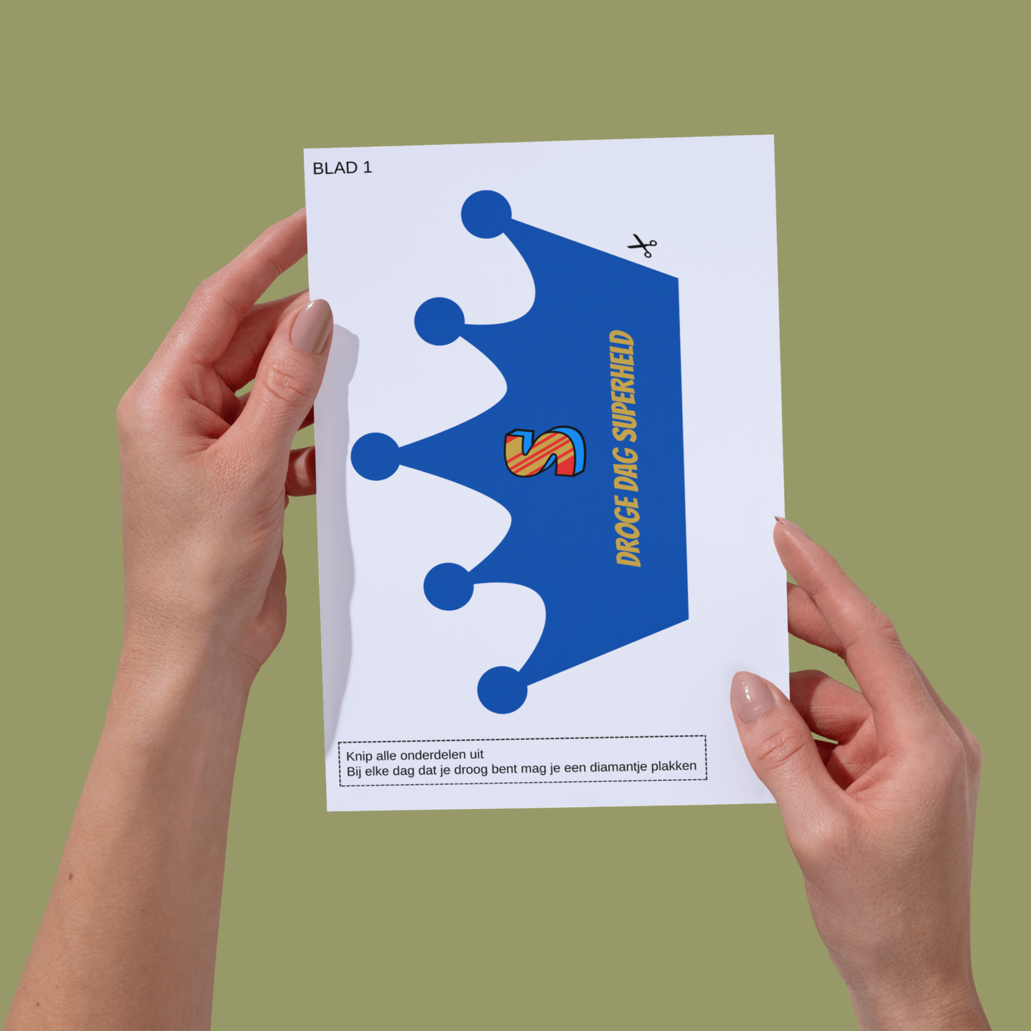 Een Kroon op A4 papier om uit te knippen, inclusief banden en diamanten om te belonen. uitknippen in elkaar zetten en op doen, thema superheld