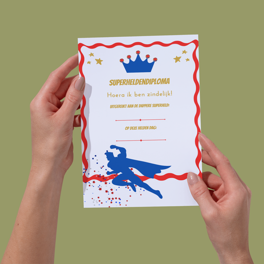 Diploma voor een superheld die zindelijk is geworden, tekst met lijntjes om naam en datum op te schrijven. incl een afbeelding van een superheld en confetti